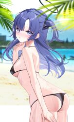 Rule 34 | 1girl, aamana0, absurdres, ass, beach, bikini, black bikini, blue archive, blush, breasts, butt crack, halo, highres, large breasts, long hair, open mouth, outdoors, purple eyes, purple hair, solo, swimsuit, wet, yuuka (blue archive)