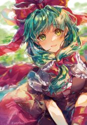 Rule 34 | 1girl, :d, absurdres, ayatsuki sugure, blurry, blush, bow, breasts, brown dress, depth of field, dress, front ponytail, green eyes, green hair, hair bow, highres, kagiyama hina, long hair, looking at viewer, medium breasts, open mouth, red bow, red ribbon, ribbon, smile, solo, touhou, upper body, v arms