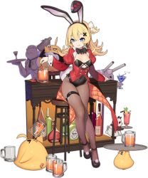 Rule 34 | 1girl, abercrombie (azur lane), abercrombie (mischief on the rocks) (azur lane), animal ears, azur lane, bar stool, beer mug, bird, black bow, black bowtie, black leotard, black pantyhose, blonde hair, blue eyes, bottle, bow, bowtie, breasts, chick, chili pepper, cocktail glass, covered navel, cup, drinking glass, fake animal ears, grin, hair ornament, highres, holding, holding cup, holding tray, jacket, kinjo kuromomo, legs, leotard, long hair, manjuu (azur lane), meowfficer (azur lane), mug, official alternate costume, official art, panda, pantyhose, playboy bunny, rabbit ears, red jacket, small breasts, smile, solo, stool, strapless, strapless leotard, thigh strap, transparent background, tray, x hair ornament
