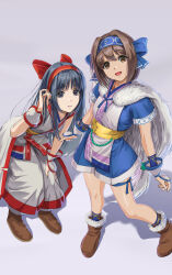 2girls ainu_clothes artist_name black_eyes black_hair boots breasts brown_eyes brown_hair dargain_x fingerless_gloves gloves hair_ribbon hand_on_knee hand_on_own_knee highres leaning_forward legs long_hair multiple_girls nakoruru open_mouth pants parted_lips ribbon rimururu samurai_spirits short_hair shorts siblings sisters small_breasts smile snk thighs