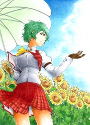 Rule 34 | 1girl, armband, ascot, blue sky, breasts, brown gloves, cloud, collared shirt, day, flower, garden of the sun, gloves, green hair, hand up, holding, holding umbrella, kazami yuuka, long sleeves, looking to the side, miniskirt, parasol, plaid, plaid skirt, plaid vest, puffy long sleeves, puffy sleeves, red eyes, rivasan, shirt, short hair, skirt, sky, solo, sunflower, thighs, touhou, umbrella, vest, wind