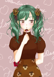 Rule 34 | 1girl, absurdres, arm behind back, blush, box, brown eyes, chocolate, curly hair, floral print, flower, food, green hair, hair flower, hair ornament, hair ribbon, heart, high collar, highres, holding, holding box, holding food, long hair, looking away, looking to the side, original, poffso, puffy short sleeves, puffy sleeves, ribbon, shirt tucked in, short sleeves, skirt, solo, twintails, valentine