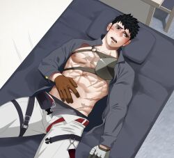Rule 34 | 1boy, abs, alchemy stars, asymmetrical gloves, bara, bare pectorals, black gloves, black hair, blush, bulge, chest harness, collared shirt, erection, erection under clothes, facial scar, feet out of frame, from above, gloves, grey male underwear, harness, igote, itto (mentaiko), long sideburns, long sleeves, looking to the side, lying, male focus, male underwear, mismatched gloves, muscular, muscular male, on back, on bed, open clothes, open fly, open shirt, paid reward available, pants, pectorals, pittman (alchemy stars), scar, scar on cheek, scar on face, shirt, short hair, sideburns, solo, stomach, thick eyebrows, thick thighs, thighs, torogao, underwear, white pants