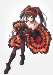 Rule 34 | 1girl, absurdres, animal, bare shoulders, black choker, black dress, black footwear, black hair, boots, breasts, cat, choker, cleavage, clock eyes, closed mouth, commentary, date a live, detached sleeves, dress, frilled dress, frilled hairband, frills, from above, full body, gothic lolita, hairband, hand on own knee, heterochromia, highres, knee up, lolita fashion, long hair, looking at animal, medium breasts, neck ribbon, orange dress, pantyhose, red eyes, ribbon, shoelaces, simple background, sitting, smile, spaghetti strap, symbol-shaped pupils, toki (rumukio), tokisaki kurumi, twintails, two-tone dress, white background, yellow eyes