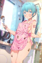 Rule 34 | absurdres, apron, aqua eyes, aqua hair, aqua nails, arm tattoo, artist name, asami-chan, blurry, blurry background, blush, breasts, chocolate, chocolate on body, chocolate on clothes, chocolate on face, chocolate on legs, chocolate syrup, closed mouth, deviantart logo, feet out of frame, food, food on body, food on face, frilled apron, frills, hatsune miku, highres, holding, holding whisk, indoors, instagram logo, lens flare, long hair, medium breasts, nail polish, naked apron, number tattoo, pink apron, pixiv logo, sideboob, sweat, tattoo, thighs, twintails, twitter logo, very long hair, vocaloid, whisk