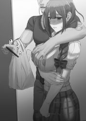Rule 34 | 1boy, 1girl, bag, black bean, blush, grabbing another&#039;s breast, breasts, cellphone, commentary request, grabbing, greyscale, hair over shoulder, highres, idolmaster, kuwayama chiyuki, large breasts, long hair, monochrome, phone, plaid, plaid skirt, ribbed sweater, shopping bag, short sleeves, skirt, smartphone, sweater