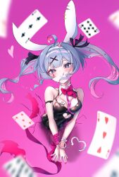 Rule 34 | 1girl, :q, absurdres, animal ears, bare shoulders, black leotard, blue eyes, blue hair, blush, bow, bowtie, breasts, broken handcuffs, card, cleavage, closed mouth, detached collar, fake animal ears, floating hair, hatsune miku, highres, hole in wall, large breasts, leotard, long hair, looking at viewer, nail polish, own hands together, pink pupils, playboy bunny, playing card, rabbit ears, rabbit hole (vocaloid), red bow, red bowtie, red nails, ribbon, sidelocks, smile, solo, teardrop facial mark, terra bose, through wall, tongue, tongue out, wrist ribbon