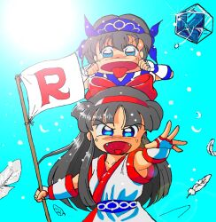 Rule 34 | 2girls, ainu clothes, armpit peek, blue eyes, breasts, brown hair, fangs, fingerless gloves, flag, gloves, hair ribbon, legs, long hair, looking at viewer, multiple girls, nakoruru, open mouth, outstretched arm, pants, ribbon, rimururu, samurai spirits, siblings, sisters, small breasts, smile, snk, thighs, tongue, tongue out