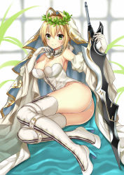 Rule 34 | 10s, 1girl, aestus estus, ahoge, ass, bad id, bad pixiv id, bare shoulders, belt buckle, blonde hair, blurry, blurry background, boots, breasts, bridal veil, buckle, chain, cleavage, closed mouth, detached collar, detached sleeves, elbow gloves, fate/extra, fate/extra ccc, fate (series), full body, gloves, green eyes, hair intakes, hand on own face, harimoji, head wreath, high heels, highres, holding, holding sword, holding weapon, leaf, leg belt, legs, legs together, leotard, lock, long legs, looking at viewer, medium breasts, nero claudius (bride) (fate), nero claudius (bride) (third ascension) (fate), nero claudius (fate), nero claudius (fate) (all), padlock, shiny skin, shoes, short hair, sitting, smile, solo, strapless, strapless leotard, sword, tareme, thigh boots, thighhighs, thighs, twisted torso, unsheathed, veil, weapon, white footwear, white gloves, white leotard, white thighhighs, yokozuwari, zipper
