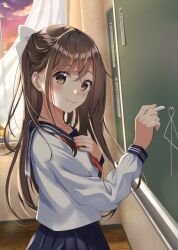 Rule 34 | 1girl, absurdres, blush, bow, breasts, brown eyes, brown hair, chalk, chalkboard, classroom, collarbone, commentary, cowboy shot, curtains, hair between eyes, hair bow, half updo, hand on own chest, highres, hominotsu, indoors, long hair, looking at viewer, neckerchief, original, pleated skirt, red neckerchief, school uniform, serafuku, skirt, small breasts, smile, solo, uniform, window