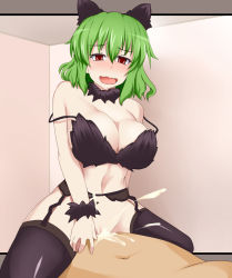 Rule 34 | 1girl, animal ears, bare shoulders, blush, bra, breasts, cat ears, censored, cleavage, cum, cum in pussy, curvy, ejaculation, garter belt, garter straps, girl on top, green hair, highres, huge breasts, kazami yuuka, legs, long hair, looking down, lying, midriff, navel, off shoulder, open mouth, ourakutei, penis, pussy, red eyes, sex, short hair, sitting, sitting on person, thighhighs, thighs, touhou, underwear, vaginal