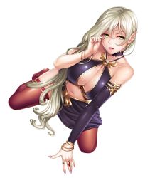 Rule 34 | 1girl, armlet, bare shoulders, blonde hair, bracelet, breasts, choker, collarbone, dress, elf, female focus, gem, hair between eyes, highres, indoors, jewelry, katejina (taimanin asagi), kneeling, large breasts, lens flare, lilith-soft, lips, long hair, looking at viewer, mole, mole under eye, nail polish, navel, nipples, no bra, open mouth, parted lips, pointy ears, purple dress, red thighhighs, ring, sano toshihide, shiny clothes, shiny skin, skindentation, solo, taimanin (series), taimanin asagi kessen arena, thighhighs, tight clothes, very long hair, yellow eyes