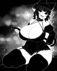 Rule 34 | 1girl, animal ears, bare shoulders, blunt bangs, bow, braid, breasts, cat ears, cat girl, cat tail, cleavage, collarbone, commentary request, curvy, dress, extra ears, fang, frilled dress, frills, garter straps, greyscale, hair bow, haseru (ginku mh), heart, huge breasts, juliet sleeves, kaenbyou rin, long sleeves, looking at viewer, monochrome, multiple tails, nekomata, open mouth, pointy ears, puffy sleeves, side braids, sidelocks, sitting, smile, solo, tail, thighhighs, tongue, tongue out, touhou, twin braids, two tails
