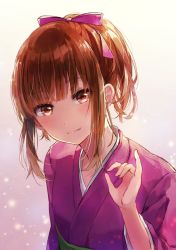 Rule 34 | 1girl, backlighting, blunt bangs, bow, brown eyes, brown hair, fang, hair bow, hand up, head tilt, japanese clothes, kimono, kurahashi riko, lanjeryman, light particles, looking at viewer, love lab, orange hair, pink bow, pinky out, ponytail, sidelocks, smile, solo, upper body
