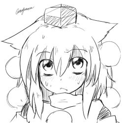Rule 34 | 1girl, :&lt;, animal ears, blush, fang, greyscale, hat, inubashiri momiji, looking up, monochrome, pom pom (clothes), short hair, signature, simple background, solo, sweat, taurine 8000mg, tokin hat, touhou, white background, wolf ears