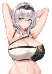Rule 34 | 1girl, armpits, arms behind head, arms up, asymmetrical clothes, blue headband, blue headwear, braid, breasts, buckle, cleavage, green eyes, hair between eyes, headband, hololive, huge breasts, kuavera, large breasts, mole, mole on breast, shirogane noel, shirogane noel (1st costume), simple background, skindentation, smile, solo, strap, upper body, virtual youtuber, white background, white hair