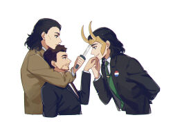 Rule 34 | 3boys, animification, arm behind back, black hair, black jacket, brown eyes, brown hair, brown jacket, brown necktie, closed mouth, collared jacket, collared shirt, commentary, dual persona, english commentary, facial hair, fake horns, fingernails, formal, green eyes, green necktie, green vest, hand up, holding, holding knife, horns, iron man (series), jacket, knife, loki (disney+), loki (marvel), long sleeves, looking at another, male focus, marvel, marvel cinematic universe, medium hair, multiple boys, murdermuffinloki, necktie, open clothes, open jacket, scar, scar on face, shirt, short hair, simple background, smile, standing, suit, teeth, tie clip, tony stark, torn clothes, v-shaped eyebrows, vest, white background, white shirt, yaoi
