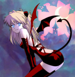 Rule 34 | 1girl, alternate costume, ass, back, bat wings, bent over, blonde hair, blue eyes, breasts, covered erect nipples, cowboy shot, demon, demon girl, demon tail, demon wings, dress, elbow gloves, fang, fang out, female focus, from side, gloves, kikumaru bunta, long hair, looking at viewer, moon, neon genesis evangelion, pale skin, red dress, red gloves, red thighhighs, short dress, sideboob, sky, solo, souryuu asuka langley, stand, tail, tail hole, thighhighs, white hair, wings