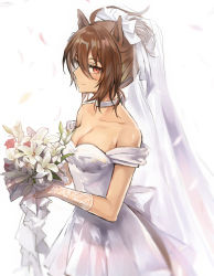 Rule 34 | 1girl, absurdres, agnes tachyon (umamusume), ahoge, alternate costume, animal ears, bare shoulders, blush, bouquet, breasts, bridal veil, brown hair, choker, cleavage, closed mouth, collarbone, dress, flower, flower request, gloves, hair between eyes, highres, horse ears, lace, lace gloves, lily (flower), looking at viewer, medium breasts, medium hair, orange eyes, petals, solo, strapless, strapless dress, umamusume, upper body, veil, wedding dress, white gloves, yongtae