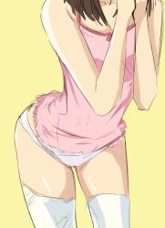 Rule 34 | 1girl, back peek, bare shoulders, bent over, breasts, brown hair, camisole, ccherias, cleavage, collarbone, commentary, english commentary, head out of frame, leaning forward, medium hair, midriff peek, monogatari (series), no pants, own hands together, panties, pink camisole, sengoku nadeko, simple background, sketch, sleeveless, small breasts, solo, spaghetti strap, standing, thigh gap, thighhighs, underwear, w arms, white panties, white thighhighs, yellow background