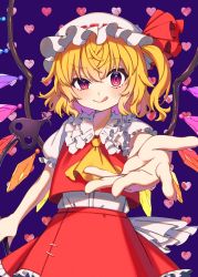 Rule 34 | 1girl, :q, blonde hair, crystal, e sdss, flandre scarlet, foreshortening, hat, heart, highres, laevatein (touhou), mob cap, one side up, outstretched arm, purple background, reaching, reaching towards viewer, red eyes, ribbon, short sleeves, skirt, solo, tongue, tongue out, touhou, uneven eyes, wings
