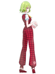 Rule 34 | 1girl, ascot, commentary request, from behind, full body, green hair, high heels, kazami yuuka, kazami yuuka (pc-98), pants, plaid, plaid pants, plaid vest, red footwear, red pants, red vest, shirt, shoes, short hair, short sleeves, tohoyuukarin, touhou, vest, white background, white shirt, yellow ascot