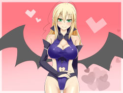 Rule 34 | 1girl, artist request, bare shoulders, bat wings, blonde hair, blush, breasts, cameltoe, cleavage, cleavage cutout, clothing cutout, cowboy shot, demon girl, detached collar, elbow gloves, eyebrows, fingerless gloves, gloves, green eyes, groin, large breasts, legs, long hair, looking at viewer, lotte no omocha!, mercelida ygvar, mature female, navel, simple background, smile, solo, standing, thighs, upper body, wings