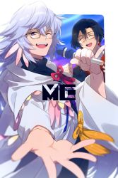 Rule 34 | 2boys, ^ ^, ahoge, black jacket, black necktie, closed eyes, commentary request, constantine xi (fate), earrings, echo (circa), fate/grand order, fate (series), formal, glasses, hair between eyes, hand up, holding, holding microphone, jacket, jewelry, logo, long hair, long sleeves, looking at viewer, male focus, merlin (fate), microphone, multiple boys, necktie, open mouth, purple eyes, red vest, ribbon, shirt, smile, upper body, very long hair, vest, white hair, white shirt