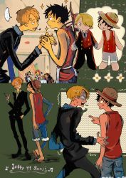 Rule 34 | black hair, blonde hair, cigarette, formal, grin, hat, highres, holding hands, makenevemoiine, male focus, monkey d. luffy, multiple views, nami (one piece), one piece, roronoa zoro, sanji (one piece), smile, straw hat, suit, usopp