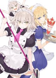 Rule 34 | 3girls, :d, ahoge, alternate costume, apron, arms up, black dress, black legwear, blonde hair, blue dress, blue eyes, blue legwear, blush, brown hair, clenched teeth, closed mouth, commentary request, dress, enmaided, fate/grand order, fate (series), food, frilled apron, frills, fruit, hair between eyes, hayashi kewi, holding, holding mop, holding tray, jeanne d&#039;arc (fate), jeanne d&#039;arc (ruler) (fate), jeanne d&#039;arc alter (avenger) (fate), jeanne d&#039;arc alter (fate), jeanne d&#039;arc alter santa lily (fate), long hair, maid, maid apron, maid headdress, mop, multiple girls, necktie, open mouth, pink neckwear, pleated dress, puffy short sleeves, puffy sleeves, saucer, short necktie, short sleeves, simple background, smile, strawberry, teeth, thighhighs, tray, v-shaped eyebrows, very long hair, white apron, white background, yellow eyes