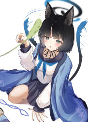 Rule 34 | 1girl, animal ear fluff, animal ears, black eyes, black nails, black ribbon, black sailor collar, blue archive, blue neckerchief, blue ribbon, blue skirt, blush, cat ears, cat teaser, collarbone, commentary, doll, floral print, halo, hand on ground, highres, kikyou (blue archive), kimono on shoulders, looking at viewer, morishin546, multiple tails, neck ribbon, neckerchief, on ground, pleated skirt, ribbon, sailor collar, shirt, short hair, simple background, skirt, solo, speed lines, tail, two tails, white background, white shirt
