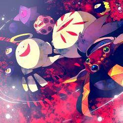 Rule 34 | black background, black cape, black eyes, blue sclera, cape, colored sclera, commentary request, dark matter (kirby), dark matter blade, dark nebula, extra ears, grey mask, halo, jewelry, kirby (series), miracle matter, necklace, necktie, nintendo, no humans, one-eyed, purple sclera, red background, red necktie, red sclera, shirushiki, shoulder pads, slit pupils, two-tone background, white wings, wings, yellow halo, yellow sclera, zero (kirby), zero two (kirby)
