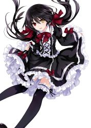 Rule 34 | 10s, 1girl, black hair, black legwear, date a live, detached sleeves, dress, heterochromia, highres, looking at viewer, open mouth, red eyes, ribbed dress, ribbon, simple background, smile, solo, tokisaki kurumi, twintails, white background