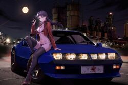 Rule 34 | 1girl, alpine a310, arm support, bikini, black bikini, black hair, black thighhighs, breasts, brown eyes, brown jacket, car, cleavage, commentary, cropped jacket, cross, cross necklace, english commentary, female focus, finger on trigger, full moon, gun, hand up, handgun, high heels, highres, holding, holding gun, holding weapon, jacket, jewelry, katsuragi misato, kcar66t, knee up, large breasts, long hair, long sleeves, looking at viewer, moon, motor vehicle, navel, necklace, neon genesis evangelion, night, open clothes, open jacket, outdoors, parted bangs, red footwear, scar, scar on chest, side-tie bikini bottom, sitting, sitting on car, solo, stitched torso, stitches, stomach, string bikini, swimsuit, thighhighs, thighs, underboob, weapon, wide shot