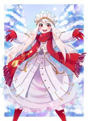 Rule 34 | 1girl, :d, adapted costume, azuumori, blush, border, cloud, coat, commentary, dress, english commentary, fate/stay night, fate (series), feet out of frame, floating hair, gloves, hat, illyasviel von einzbern, long hair, long sleeves, looking at viewer, open mouth, outstretched arms, pantyhose, red eyes, red gloves, red pantyhose, red scarf, scarf, smile, solo, spread arms, standing, teeth, upper teeth only, white border, white coat, white dress, white hair, white hat