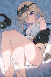 Rule 34 | 1girl, barefoot, bed sheet, black jacket, blue hair, blue nails, blue panties, breasts, brown hair, camisole, closed mouth, commentary, controller, game controller, headphones, highres, holding, jacket, long hair, long sleeves, looking at viewer, mafuyu (chibi21), medium breasts, multicolored hair, nail polish, off shoulder, open clothes, open jacket, original, panties, panty peek, purple eyes, short shorts, shorts, signature, sleeves past wrists, soles, solo, symbol-only commentary, toenail polish, toenails, two-tone hair, underwear, white camisole, white shorts