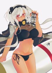 Rule 34 | 1girl, anno88888, beer can, bikini, breasts, can, capelet, cartridge, cleavage, collar, commentary request, dark-skinned female, dark skin, drink can, glasses, hair between eyes, headgear, highres, holding, kantai collection, large breasts, long hair, musashi (kancolle), musashi kai ni (kancolle), navel, pointy hair, red eyes, semi-rimless eyewear, short hair with long locks, swimsuit, twintails, two side up, under-rim eyewear, very long hair