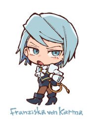 Rule 34 | 1girl, ace attorney, ascot, black footwear, black gloves, black skirt, black vest, blue eyes, blue hair, boots, character name, chibi, earrings, franziska von karma, full body, gem, gloves, jewelry, juliet sleeves, long sleeves, looking at viewer, mole, mole under eye, nono (norabi), open mouth, puffy sleeves, shirt, short hair, simple background, skirt, solo, vest, whip, white background, white shirt
