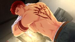 Rule 34 | 1boy, arm tattoo, ass, back tattoo, bara, belt, collaboration, couch, derek kingsfield, furrowed brow, highres, indoors, jock studio (blits games), looking at viewer, male focus, mikkoukun, muscular, muscular male, nipples, non-web source, official art, pants, pectorals, red hair, shirt, solo, tattoo, undressing, variant set, white shirt, zamius