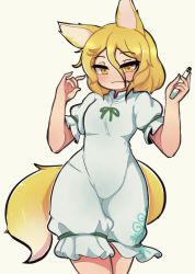 Rule 34 | 1girl, :3, animal ears, blonde hair, brown eyes, closed mouth, fox ears, fox girl, fox shadow puppet, fox tail, hair between eyes, highres, kudamaki tsukasa, linkaluote, looking at viewer, romper, short hair, smile, solo, tail, test tube, touhou, white romper