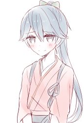 Rule 34 | 10s, 1girl, blush, green hair, grey eyes, highres, houshou (kancolle), japanese clothes, kantai collection, kimono, kvlen, limited palette, long hair, looking at viewer, monochrome, ponytail, simple background, smile, solo, white background