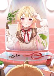 Rule 34 | 1girl, absurdres, ahoge, bathroom, blonde hair, bow, bowtie, chamuri (chumriiism), fortissimo, hair brush, hair ornament, highres, hololive, hololive dev is, long hair, looking at mirror, looking at viewer, mirror, musical note, musical note hair ornament, otonose kanade, red bow, red bowtie, red eyes, red ribbon, ribbon, sink, sitting, solo, unworn hair ornament, unworn ribbon, virtual youtuber
