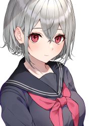 Rule 34 | 1girl, absurdres, black sailor collar, black shirt, closed mouth, commentary request, grey hair, hair between eyes, highres, looking at viewer, neckerchief, original, red eyes, red neckerchief, sailor collar, school uniform, serafuku, shirt, short hair, simple background, smile, solo, upper body, usamochi., white background
