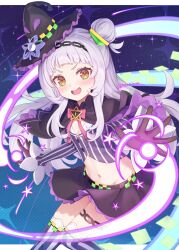 Rule 34 | 1girl, black hat, breasts, capelet, cleavage, cropped shirt, gloves, green eyes, grey hair, hair bun, hat, head chain, highres, hololive, jewelry, long hair, looking at viewer, murasaki shion, murasaki shion (1st costume), navel, open mouth, purple capelet, purple gloves, purple shirt, purple skirt, purple thighhighs, shirt, sidelocks, skirt, small breasts, smile, solo, striped clothes, striped shirt, striped thighhighs, thighhighs, tokoshibyra, vertical-striped clothes, vertical-striped shirt, vertical-striped thighhighs, virtual youtuber, witch hat