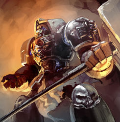 Rule 34 | 1boy, adeptus astartes, armor, cross, gradient background, hammer, jeffr, male focus, pauldrons, power armor, shoulder armor, skull, solo, terminator armor, warhammer 40k