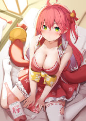 Rule 34 | 1girl, absurdres, ahoge, asymmetrical legwear, bare arms, bell, between legs, blush, bottle, bow, bra, breasts, cleavage, closed mouth, collared shirt, commentary, from above, green eyes, hair bell, hair between eyes, hair bow, hair ornament, hand between legs, highres, hololive, indoors, jingle bell, kneehighs, lantern, large breasts, long hair, looking at viewer, no shoes, nyan (reinyan 007), open clothes, open shirt, red bow, red bra, red hair, red skirt, sakura miko, sakura miko (1st costume), shirt, single kneehigh, single sock, single thighhigh, sitting, skirt, socks, solo, symbol-only commentary, thighhighs, underwear, uneven legwear, v arms, virtual youtuber, wariza, white shirt, white socks, x hair ornament