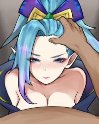 Rule 34 | 1boy, 1girl, absurdres, asymmetrical bangs, bare shoulders, blue eyes, blush, bow, breasts, cleavage, collarbone, from above, gradient background, green hair, grey background, hair bow, hand on another&#039;s head, highres, league of legends, long hair, looking at viewer, looking up, pointy ears, ponytail, pov, spirit blossom vayne, vayne (league of legends), wei miao