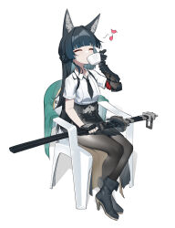 1girl absurdres animal_ear_fluff animal_ears black_footwear black_gloves black_hair black_necktie black_pantyhose black_skirt blunt_bangs boots closed_eyes drinking fingerless_gloves fox_ears fox_girl full_body gauntlets gb630k gloves green_jacket heart high-waist_skirt highres hoshimi_miyabi jacket long_hair meme necktie pantyhose short_sleeves sidelocks simple_background single_fingerless_glove sitting skirt smile solo vergil&#039;s_chair_(meme) white_background zenless_zone_zero