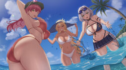 Rule 34 | 3girls, a domo, ass, beah, bikini, blonde hair, blush, breasts, cleavage, collarbone, grey hair, hat, highres, hololive, hololive fantasy, houshou marine, huge breasts, large breasts, long hair, looking at viewer, multiple girls, navel, ocean, one eye closed, palm tree, pointy ears, red bikini, red hair, shiranui flare, shirogane noel, short hair, skirt, sky, smile, splashing, standing, stomach, sunglasses on hat, sunglasses on head, swimsuit, tan, thick thighs, thighs, tree, virtual youtuber, water, white bikini, wink