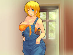Rule 34 | 1girl, bare shoulders, blond daisuki!, blonde hair, blue eyes, blush, braid, breasts, cleavage, door, hand on own hip, huge breasts, long hair, looking at viewer, open mouth, overalls, smile, solo, standing, wink, yoko juusuke